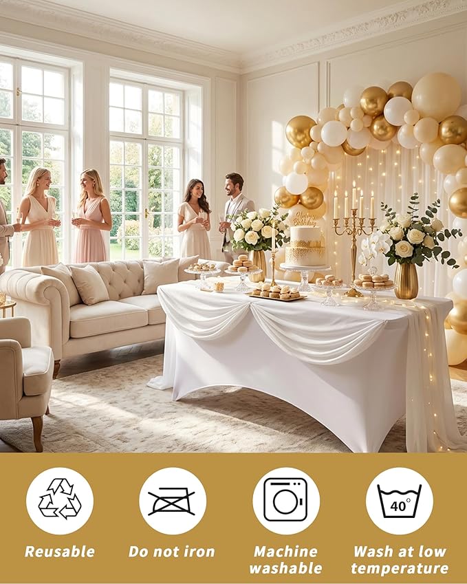 Fixwal White Table Cloth for 8FT Rectangle Tables, 6 Pack Rectangular Tablecloths Stretch Spandex Fitted Table Covers 8FT for Parties, Trade Shows, Banquet, Weddings, Buffet, Graduation Decorations