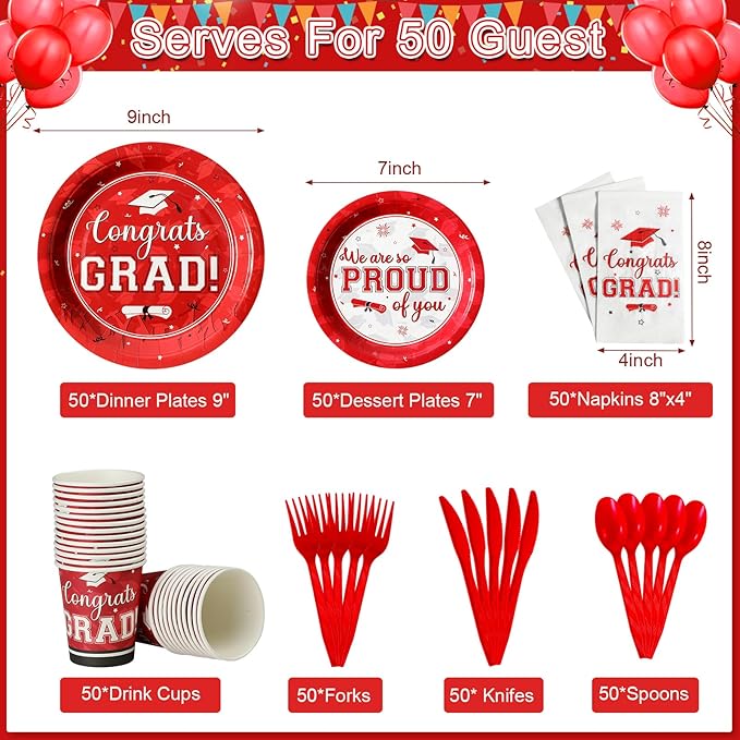 Graduation Party Supplies Congrats Grad Plates and Napkins Set Serve 50, Disposable Tableware Paper Plates Napkins Cups Knives Spoons Forks Straws for Class of 2026 Graduation Party Decorations (Red)
