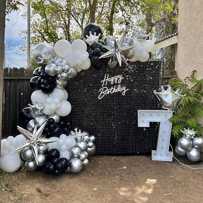 Black and Silver Balloons, 100Pcs 12inch Black White Metallic Chrome Silver Confetti Balloons with 1 Ribbon for Birthday, Baby Shower, Wedding, Graduation Theme Party Decoration