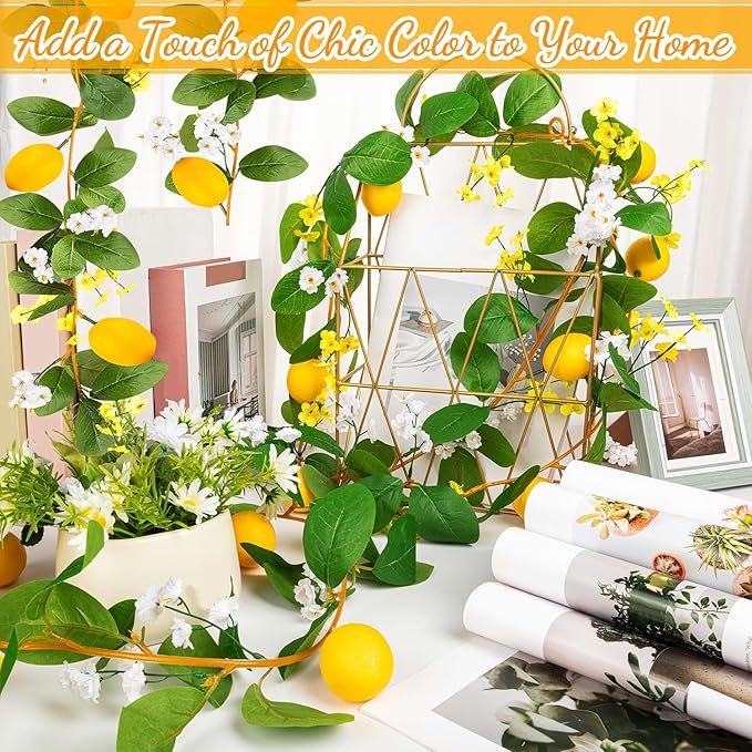 4 Pcs Artificial Lemon Flower Garland Vine, 28 Ft Fake Yellow Lemon Vines Silk Flowers Hanging Floral Garlands Decoration for Room Wall, Flower Themed Party, Wedding Supplies
