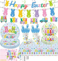 124pcs Easter Party Decorations Set Include Happy Easter Banner Chillin with My Peeps Paper Plates and Napkins,Paper Cups,Plastic Tablecloth and Forks,Hanging Swirls, for 20 Guests
