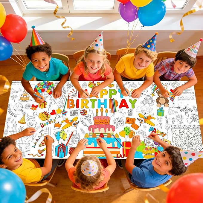 AinDen Birthday Coloring Tablecloth for Kids, Giant 72 x 30 Inch Coloring Poster, Happy Birthday Party Decorations Table Cloth for Crafts Games & Activities, School Classroom & Home