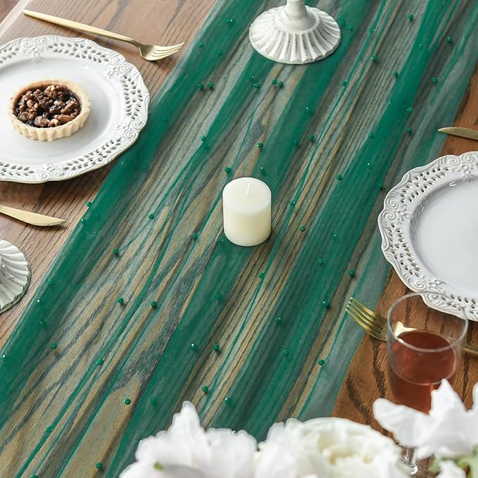 Artoid Mode 6PCS Pearl Dark Green Gauze Table Runner 120 Inch 10FT, Seasonal Sheer Dining Holiday Wedding Birthday Baby Shower Table Decor for Home Party