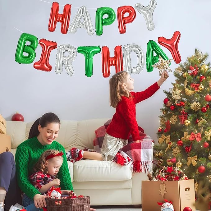 TONIFUL Red Green Silver Happy Birthday Balloons Banner,16 Inch Mylar Foil Birthday Sign Banner for Girls Boys Kids & Adults Birthday Decorations Christmas Party New Year's Eve Supplies
