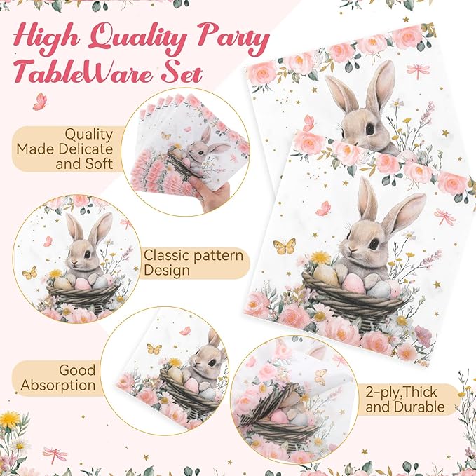 400 Pcs Easter Paper Plates Napkins Cups Set for 50 Guest, Pink Floral Easter Party Supplies Decoration Spring Bunny Egg Disposable Tableware Set for Baby Shower Wedding Birthday Decoration