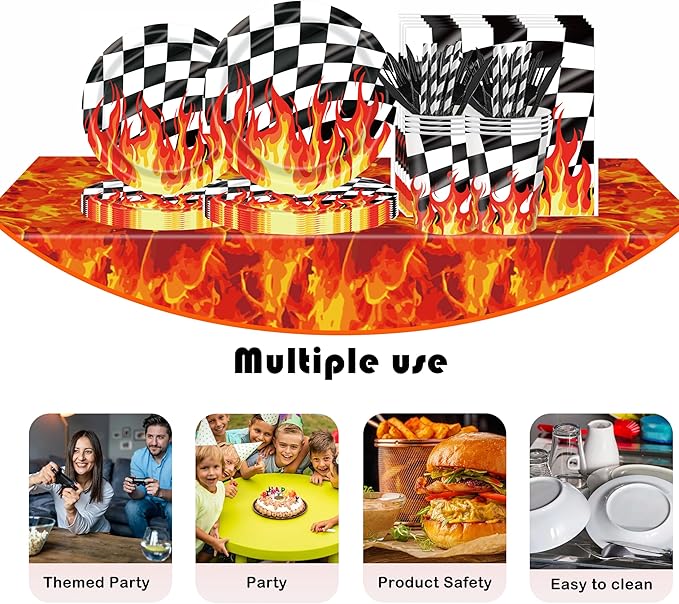Race Car Birthday Party Decorations, 193Pcs Black White Checkered Race Car Party Supplies Set for 24 Guests, Flame Racing Theme Paper Plates, Tablecloth, Cups, Napkins with Cutlery