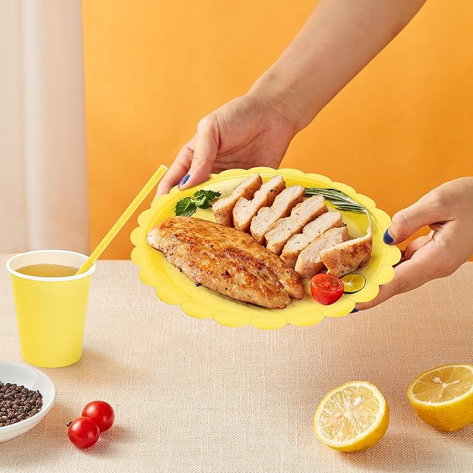168PCS Party Plates, Scalloped Gingham Paper Plates and Cups and Napkins Sets Party Supplies for Birthday Wedding Bridal Shower Baby Shower Picnic, Serve for 24 Guests (Yellow Scalloped)