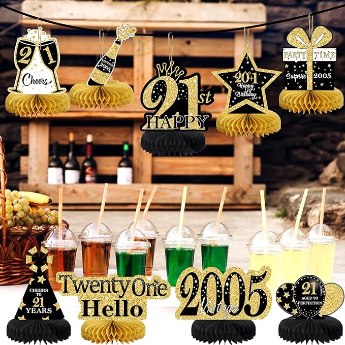 9Pcs Black Gold 21st Birthday Decorations Honeycomb Centerpieces for Girls,Happy 21st Birthday Centerpieces Tables Toppers Party Decorations Supplies,Vintage 2005 Aged Table Sign Decor