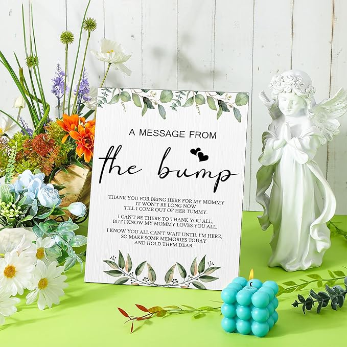 Roowest Cool Baby Shower Tabletop Decoration a Message from the Bump Wooden Baby Shower Games Sign Greenery Cute Gender Reveal Party Thank You Sign, 11.2 x 8.66 Inches(Greenery)