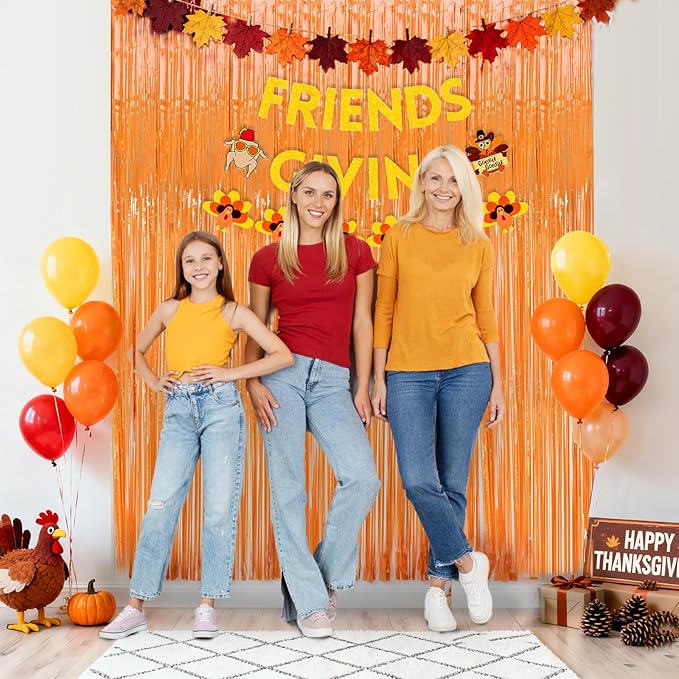 Thanksgiving Decorations Orange Streamers Fringe Backdrop 3.3x8.2ft, 2 Pack Foil Fringe Curtains for Basketball Birthday Party Decorations, Wall Door Decor Tinsel Backdrop for Halloween Bachelorette