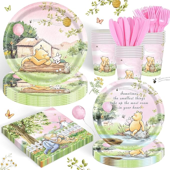 120PCS Pink Classic Winnie Bear Party Supplies Babyshower 1st Party Decorations for Kids Girls Birthday Neutral Bear Plates Napkin Cups Tableware Set for 20 Guests