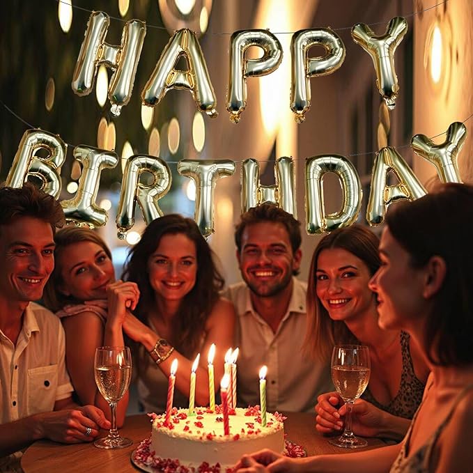 KALOR Light Gold Happy Birthday Balloons Banner, 16 Inch Mylar Foil Letters Balloon Sign for Birthday Party Decorations Photo Booth Backdrop