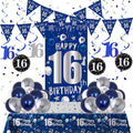 16th Birthday Decorations for Boys Girls, Blue Silver 16th Birthday Decorations Backdrop with Happy 16th Birthday Banner, Number 16 Hanging Swirls, Triangle Flag, 16 Years Old Party Decor Supplies