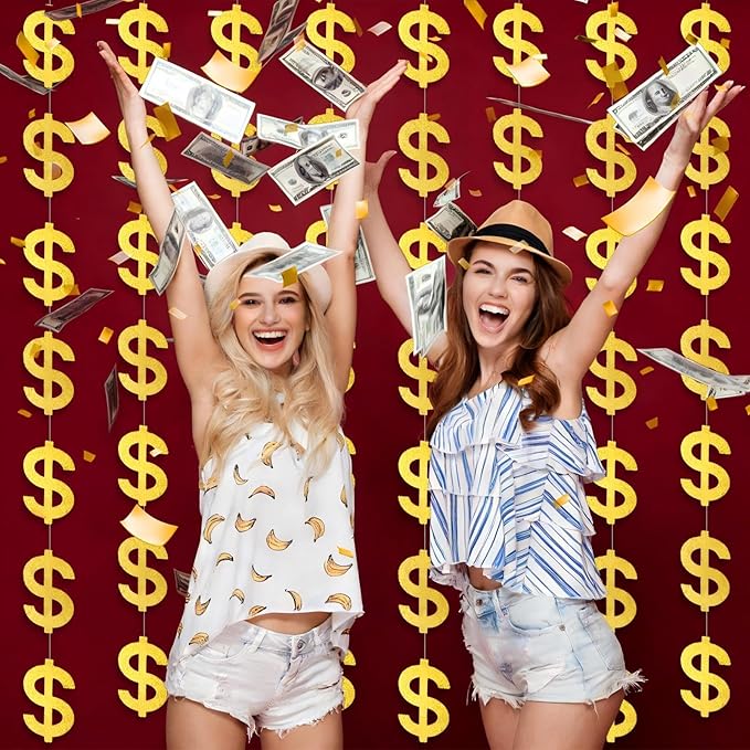 Xinnun Money Party Decorations Gold Old Dollar Sign Hanging Banners Currency Symbol Banner Cutouts Finance Investment Theme Ribbon Streamers for Casino Money Bachelorette Birthday Party Decor