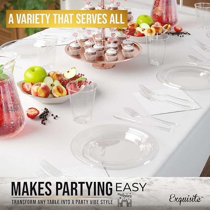 350 Pcs Clear Plastic Plates For Party, Clear Disposable Plates Set, 50 Of Each 9" Dinner Plate Set, 7" Dessert Plate, Cups, Napkins & Cutlery Plastic Dinnerware Set Exquisite