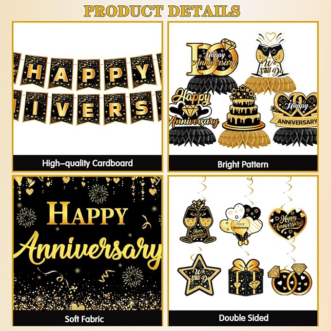 Happy Anniversary Decorations - Black Gold Wedding Party Decorations Kit, Happy Anniversary Banner, Backdrop, Hanging Swirls for Work Decorations (Black Gold)