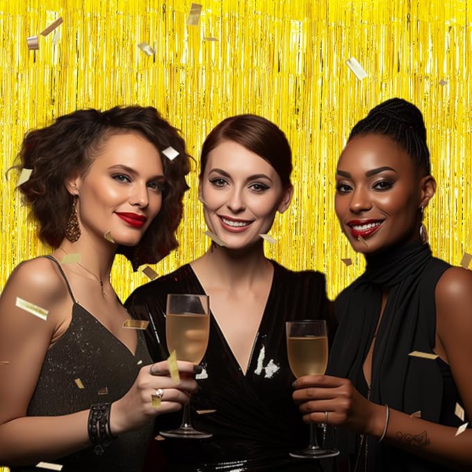 2 Pack Foil Fringe Backdrop - Laser Gold Shiny Tinsel Curtains for Party Decoration/Photo Booth Props - 3.3x6.6 FT Metallic Foil Backdrop for Birthday, Wedding, Graduation, Christmas.