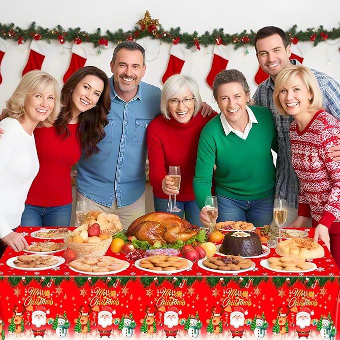3 Pcs Merry Christmas Tablecloth - Winter Christmas Table Cloth, Disposable Plastic Rectangle Red Xmas Holiday Table Cover for Christma Decorations Party Supplies Tables Decor Favors, 108x54Inch
