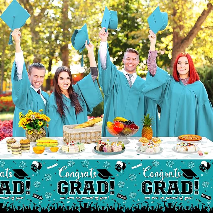 3 Pack Graduation Tablecloth Party Decorations, Class of 2026 Congrats Grad Plastic Tablecover Party Supplies, Teal Rectangle Graduation Table Decorations for College High School, 54 x 108 Inch