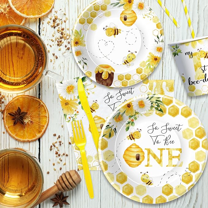 APOWBLS Bee 1st Birthday Party Supplies - Bumble Theme First Bee Day Birthday Decorations Dinnerware, Paper Plates, Cups, Napkins, Tableware Party Forks | Serve 24