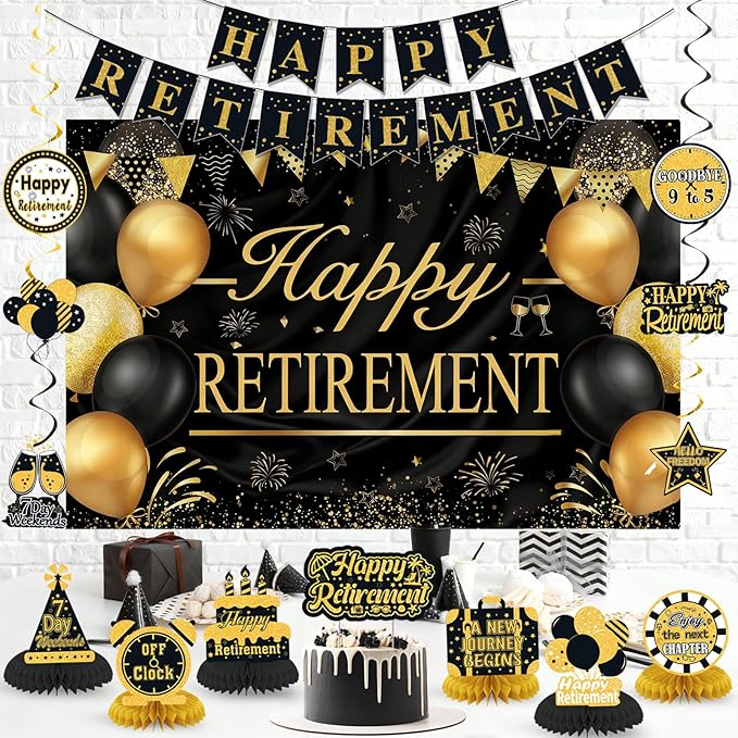 Retirement Party Decorations for Men Women Black Gold Happy Retirement Banner Backdrop Honeycomb Centerpiece Cake Topper Hanging Swirl Set