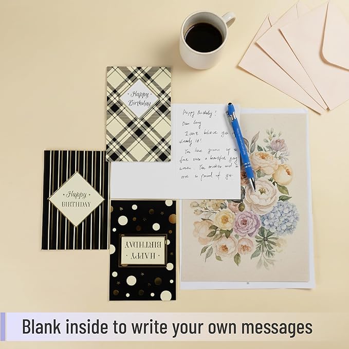 Mr. Pen- Birthday Cards with Envelopes, 20 Pack, 4" x 6", Black with Gold Foil, Blank Inside, Greeting Cards Birthday