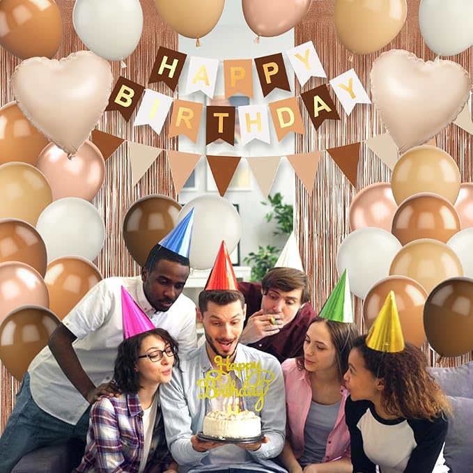 Brown Birthday Decorations,Happy Birthday Banner Beige Cream Neutral Boho Balloons Fringe Curtain Heart Foil Balloons for Women Boys Girls Baby Shower