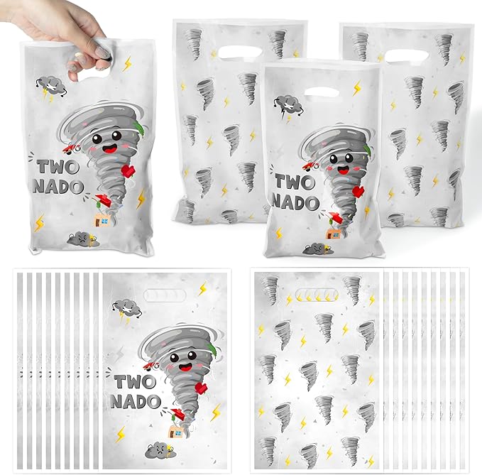 Two Nado Party Favor Bags - 50Pcs Gray Tornado Patterns Goody Candy Treat Bags for Kid, Cute Two Nado Theme Plastic 2nd Birthday Party Favor Supplies Decorations for Baby Boys Girls Baby Shower