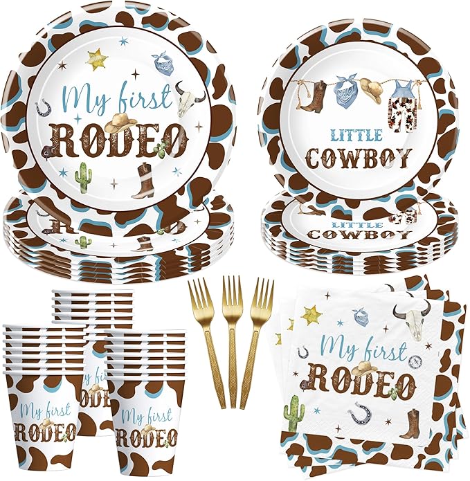 My First Rodeo Birthday Party Supplies Boy - Western Cowboy 1st Birthday Party Tableware, Paper Plate, Cup, Napkin, Disposable Cutlery, Wild West First Table Decorations | Serve 24