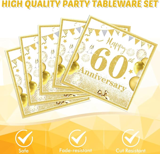 41 PCS Gold Birthday Decorations 60th Party Tableware 1964 60th Theme Birthday Party Table Decoration Supplies Cheers to 60 Years Paper Plate Napkin Tablecloth for Men Women 60th Birthday Anniversary