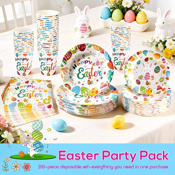 200PCS Easter Paper Plates and Napkins Set, Bunny & Egg Theme, 9" Dinner Plates, 7" Dessert Plates, 9oz Cups and Napkins, Heavy Duty Disposable Tableware for Easter Party Supplies, Serves 50