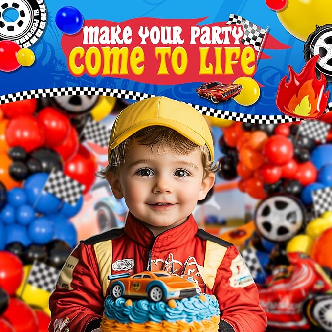 ALL-IN-1 Race Car Balloon Arch Kit with BONUS Flame & Race Car for Hot Wheels Birthday Decorations - Monster Truck Balloons for Hot Wheels Party Decorations - Hot Wheels Balloons, Monster Truck Party