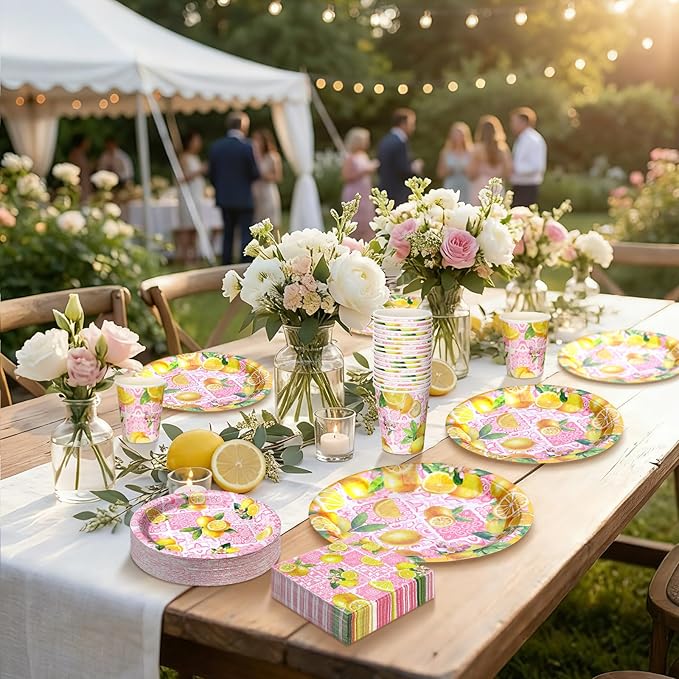 Hsei 250 Pcs Pink Lemon Birthday Party Decorations Lemon Plates and Napkins Pink Baby Shower Birthday Supplies Set Disposable Plates Napkins Cups for Bridal Baby Shower Party Supplies