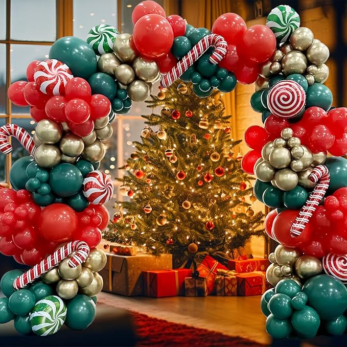 Christmas Balloon Garland Arch kit, Red Green Gold Balloons, Candy Cane Foil Balloons for Xmas Christmas Party Decorations