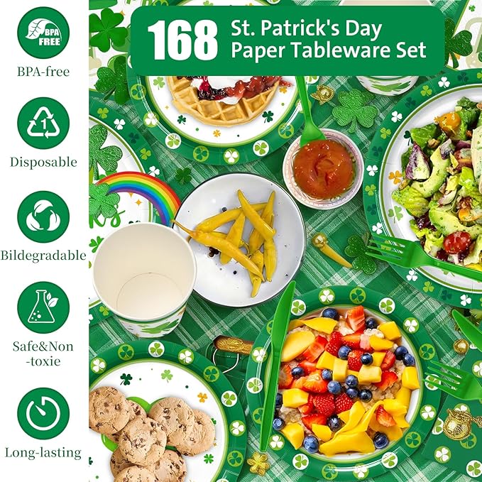 Green Party Supplies Set 168 PCS Clover Tableware Kit Disposable Plates Cups Napkins Cutlery for Birthday Sports Party Lucky Theme Decorations