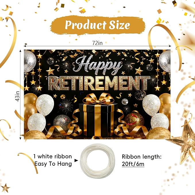 Retirement Party Decorations - Extra Thick Fabric Happy Retirement Backdrop Banner, Large 72x43" Black and Gold Photo Booth Props, Elegant Retire Sign for Men Women Office Outdoor Garden Wall Decor