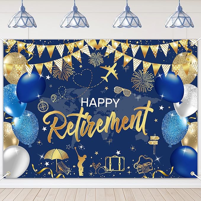 Mocsicka Retirement Party Decorations Blue and Gold Happy Retirement Backdrop Banner Retired Party Decorations Photo Booth Props (Blue Gold, 7x5ft)