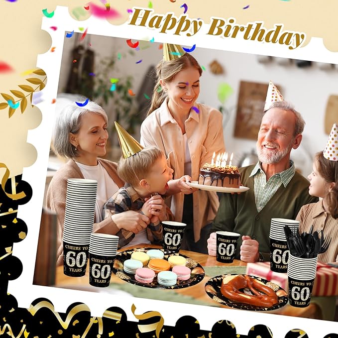 240 Pcs 60th Birthday Decorations 1966 Birthday Party Tableware Include Plates Napkins 9oz Cups Cutlery 60th Anniversary Party Supplies for Men Women Him Her, Serve 30 Guests (Black Gold)