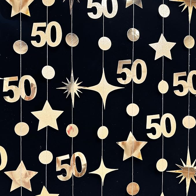Champagne Gold 50th Birthday Decorations Number 50 Circle Dot Star Garland Metallic Streamer Banner for Women Mens Cheers to 50 Years Old Birthday Happy 50th Anniversary Vintage 1975 Party Supplies