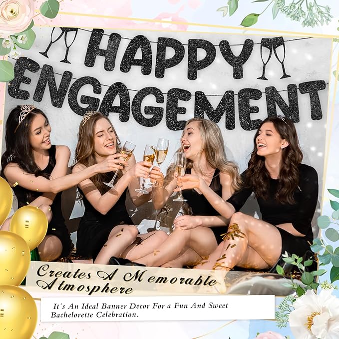 Breling Pre Strung Happy Engagement Banner Glitter Engagement Party Decorations for Congratulations Engaged Wedding Shower Signs Decor(Black)