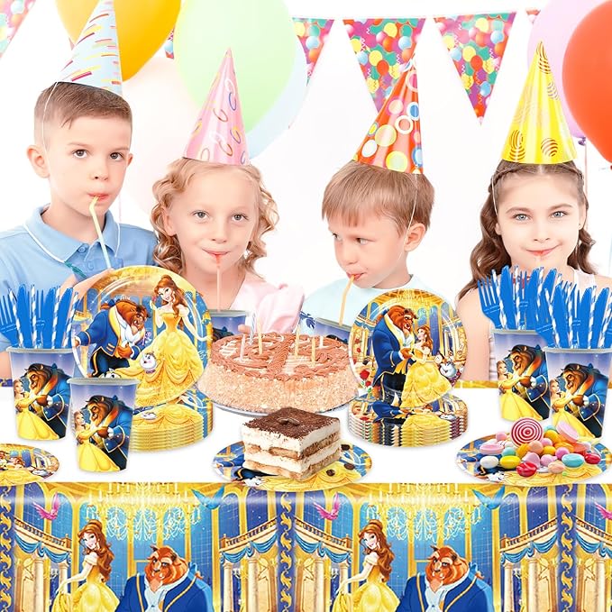 deenor 141pcs Beauty and The Beast Birthday Tableware Decorations Party Plates Cups Soccer Theme Napkins Beach Ball Tablecloth for Soccer Party Decoration (Beast)