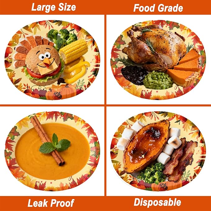 100Pcs Thanksgiving Oval Paper Plates and Napkins Set, 10" x 12" Turkey Designed Party Plates, Large Disposable Dinner Plates for Fall Party and Thanksgiving Day