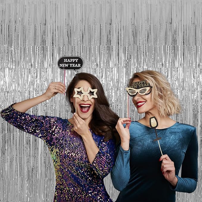 Silver Tinsel Fringe Backdrop Curtains for Parties, Melsan 3.2 x 8 ft Foil Streamer Disco Party Decorations Photo Booth for Birthday, Engagement, Pack of 2