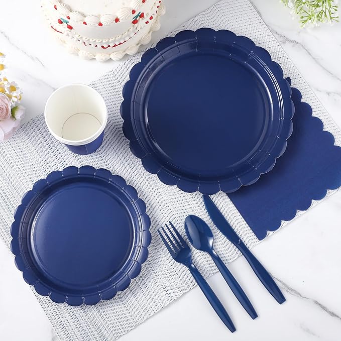 175 Pcs Navy Blue Plates and Napkins, 25 Guest Navy Blue Party Supplies Inlcudes Scalloped Plates Napkins Cups Plastic Cutlery for Birthday, Wedding, Picnic