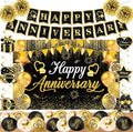 Happy Anniversary Decorations, Black and Gold Happy Anniversary Banner Wedding Party Decorations with 18Pcs Balloons, Backdrop, Hanging Swirls, Pompoms