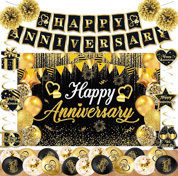 Happy Anniversary Decorations, Black and Gold Happy Anniversary Banner Wedding Party Decorations with 18Pcs Balloons, Backdrop, Hanging Swirls, Pompoms