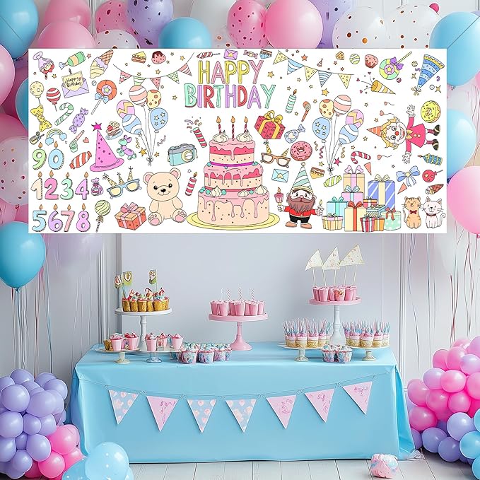 Happy Birthday Giant Coloring Poster 71 x 31 inches Large Birthday Party Coloring Tablecloth for Kids, DIY Cake Balloons Hats Banners Coloring Party Activity Poster & Table Cover,Jumbo Coloring Banner