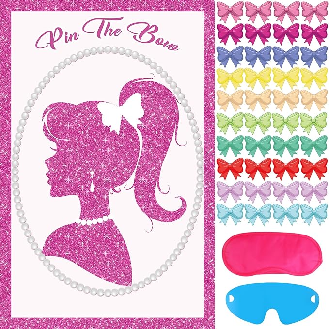 Hooqict Girls Princess Party Games Pin The Bow on The Head Birthday Games for Kids Party Pink Girl Birthday Party Decorations Supplies, Large Pin Tail Game Poster with 40 Bow Stickers