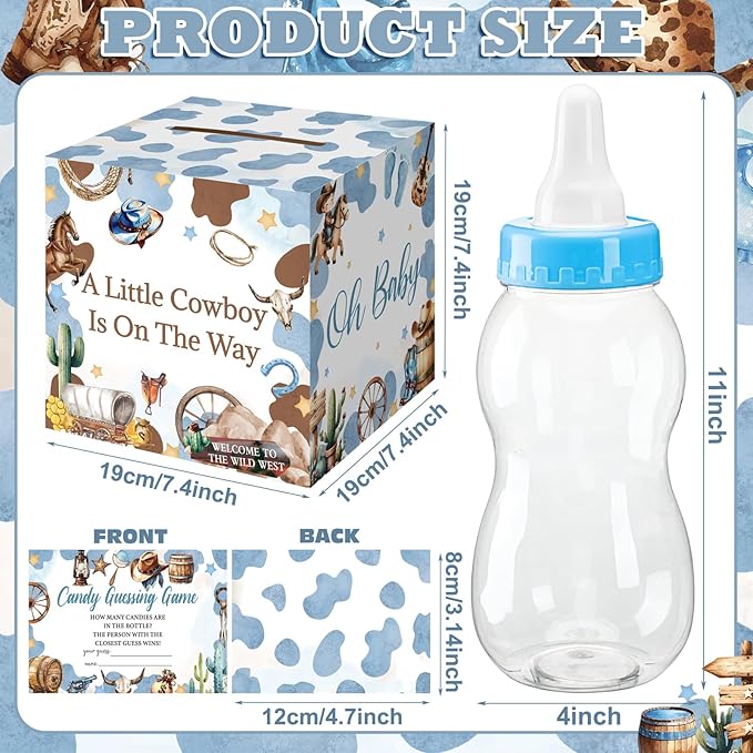 Glenmal 52 Pcs Baby Shower Games Gift Sets Large Baby Bottle for Shower Game Guess How Many Candies Decorations for Gender Reveal (Cowboy)