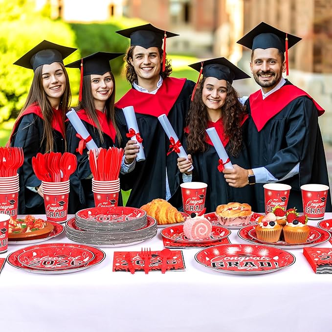 175PCS Graduation Plates and Napkins Set 2026 Graduation Party Supplies Tableware Set Include Paper Plate Napkin Cup Knife Fork Spoon for Grad Party Decor Serve25 (Red and Black)
